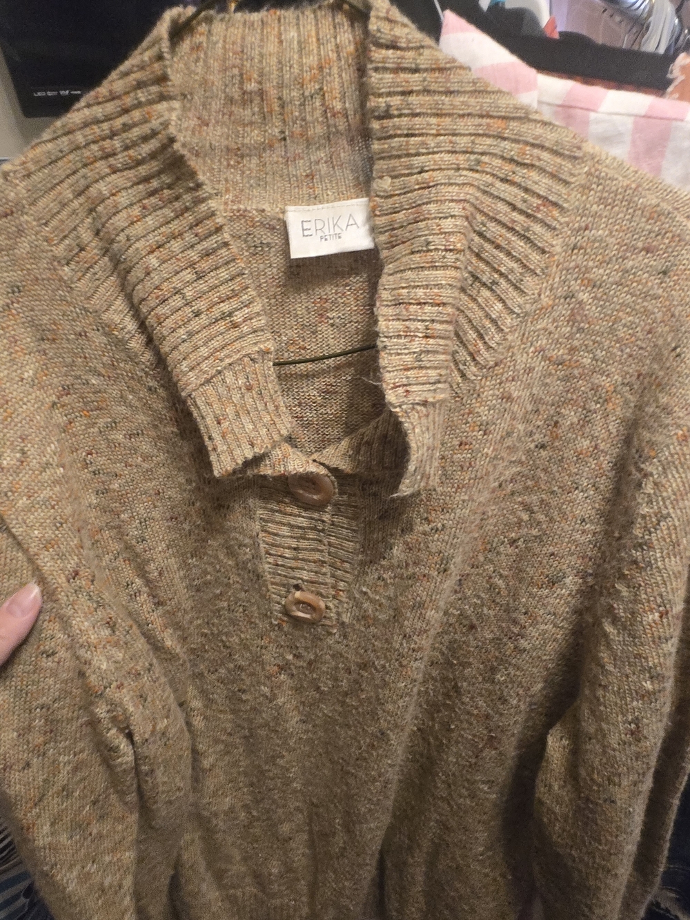 Erika Men's Speckled Tan V-Neck Shawl Collar Sweater
